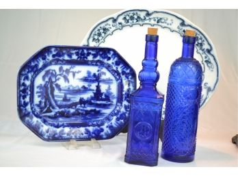 Lot Of Kitchen Platters And Colbalt Blue Bottle Decor