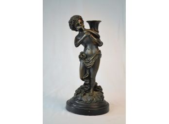 Antique Bronze Amorino With Horn Statue