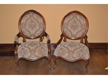 Hand Carved Lady And Gentlemen Tapestry Chairs