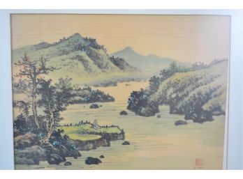 Watercolor On Silk P. Chan Lithograph Man Meditating Near River