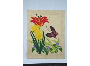 Hand Embroidered Floral Scene With Butterfly