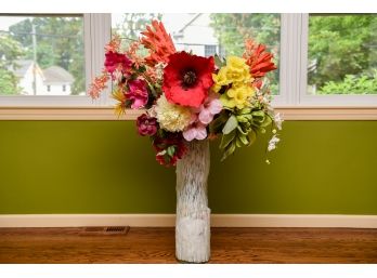 White Tree Trunk Glass Vase With Faux Floral Arrangement