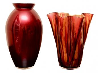 Crate & Barrel Red Velvet Hand Painted Italian Vase And Iridescent Ruffle Style Glass Vase