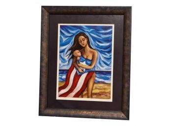 Signed Lithograph Titled 'Beach Hug' Of Woman And Child Wrapped In A Puerto Rican Flag Dated 2004