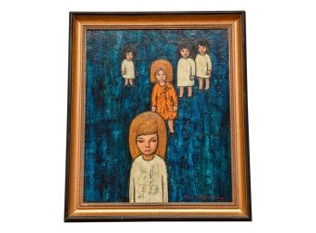 Signed Mid-century Pandro Augustini Oil On Canvas Painting Of Five Children