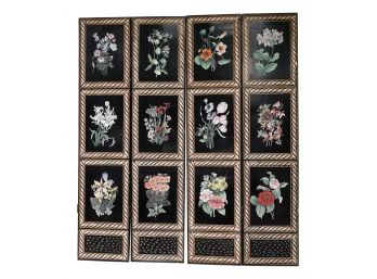 Beautiful Lacquer Floral Design Four Panel Screen