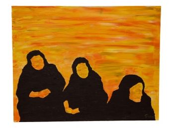 Signed Oil On Board Painting Of Three Faceless Women