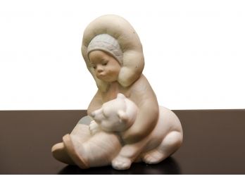 Lladro Eskimo Figurine Playing With Baby Bear