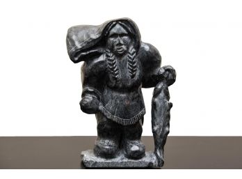 Inuit Hand Signed Carved Soapstone Figurine Titled Fisherman By Iglulik Elis 04 (RETAIL $519)