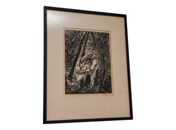 Signed Mary Fassett Linocut Titled 'Woman In The Woods'