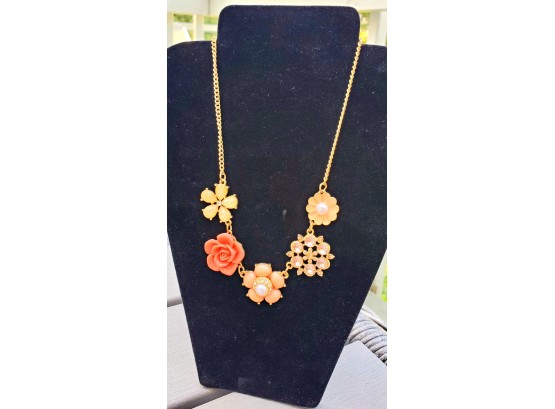 Beautiful Pink And Gold Accented Flower Necklace