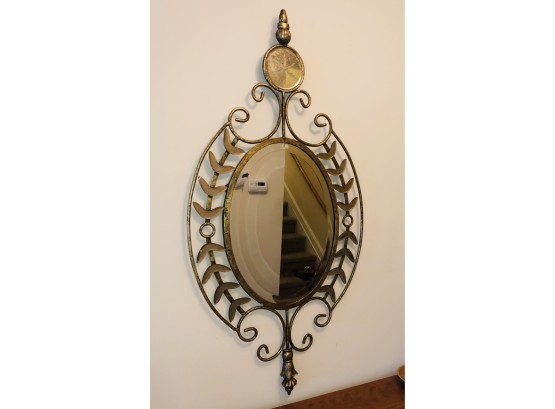 Heavy Bevelled Antique Oval Wall Mirror In Ornate Metal Frame With Unusual Fish Bone Detailing
