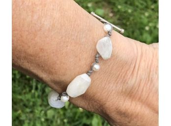Earthy Artist-cut Natural Grey Quartz And White Pearls On Grey Cord Bracelet