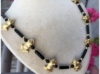 Superb Bright Golden Multi-Frogs And Black Beads Necklace