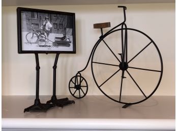 Metal Sculptural Olde-time Bicycle And Web-Footed Whimsical Picture Frame