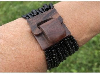 Earthy Artist Carved Thick Dark Wood Clasp ~ Elasticized Multi Strand Black Beads Bracelet
