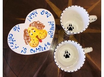 Artist Signed ~ Fire Glazed Ceramic Heart Box And 2 Mugs For Dog Lovers