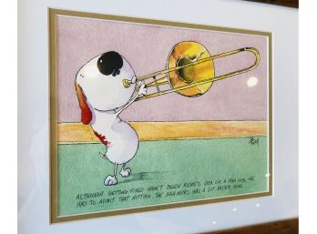 Original Signed Jim Tweetie Watercolor  Wonderful Trombone Beagle Image Framed Painting Inscribed 'To Richie'