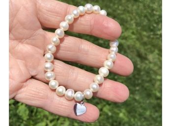 High End Small Marked Sterling Heart Charm Fresh Water Pearl Elastic Bracelet ~ Bridal