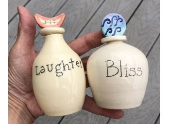 Bliss And Laughter Artist-made Earthenware Fire Glazed Ceramic Cork-Lidded Word Jars