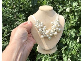 Romantic White Pearl Dangles On A Silk Ivory Ribbon Necklace