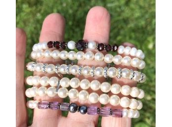 Beautiful Selection Of 6 Elasticized Pearls And  Amethyst Glass Bracelets