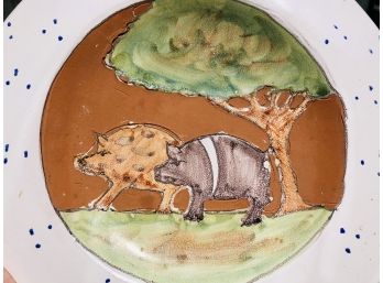Artist Original Ceramic Fire Glazed Pig Plate Ready To Hang