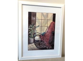 Rocking Chair With Red Throw Large Framed Watercolor Original Signed Jean Whiting