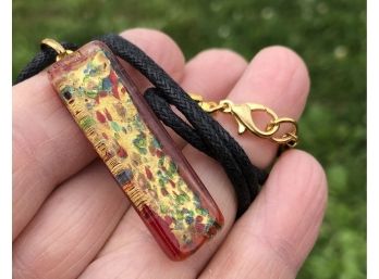 Artist Made Rich Red Gold And Green Art Glass Pendant Black Cord Necklace
