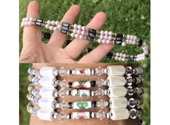Pair Of Magnetic Bracelet Necklaces ~ Cloisonne Enamel ~ Pink Pearls Onyx Beads Versatile Jewels