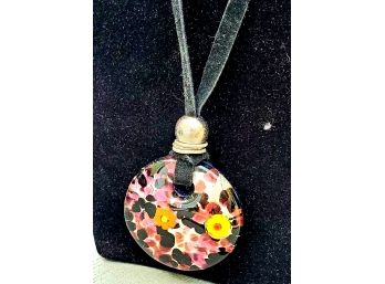 Black String Necklace With Floral Round Pendant