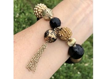 Bold And Stylish Big Black Gold Beads Elasticized Bracelet