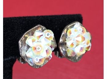 Signed Cecile Jeanne ~ Rainbow Beads Clusters Clip-On Earrings With Patina ~ Paris