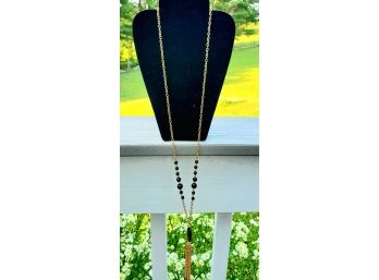 Long Gold Chain Necklace With Black Beads And Dangling Accent