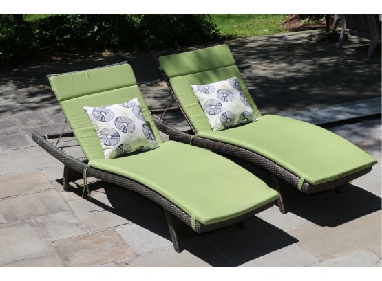 Set Of Two Frontgate Balencia Bronze Chaises + Gingko Rain Cushions And Two Throw Pillows