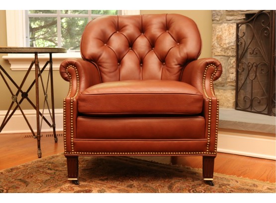 Hancock & Moore Tufted Brown Leather Club Chair And Ottoman