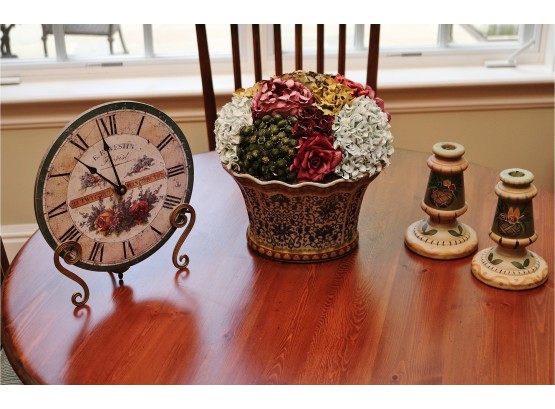 Set Of Timeworks Clock, Floral Arrangement And Candlestick Holders