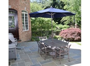 Wrought Iron Outdoor Dining Table + Six Chairs + Umbrella + Umbrella Stand