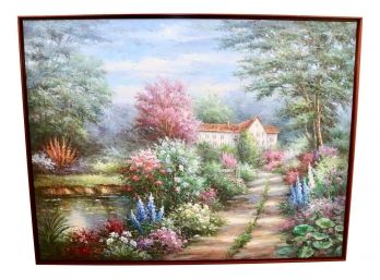 Beautiful Oil On Canvas Large Framed Landscape Picture With House