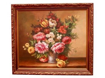 Oil On Canvas Floral Still Life Painting In Gold Gilt Frame