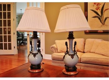 Set Of Two Light Blue Ceramic Lamps