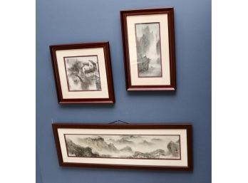 Set Of Three Signed And Stamped Chinese Framed Ink Drawings