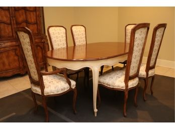 Vintage Queen Anne Country Two Tone Dining Table + Six Chairs + Three Leaves