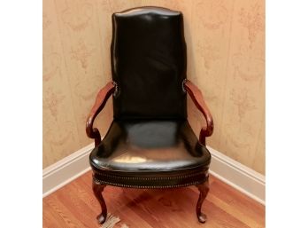 Black Leather And Wood Armchair With Nailhead Trim
