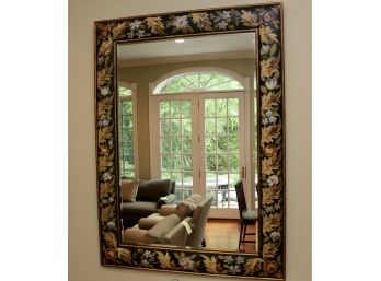 Large Hand Painted Floral Framed Mirror With Gold Gilt Trim And Beveled Edge