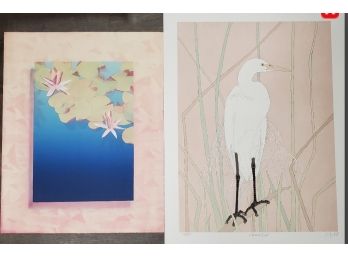 Two Original Art Lithographs : Lilies Signed Kent Lovelace &  Numbered American Egret Signed By Dan Gord