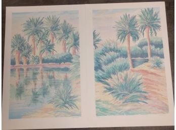 Two Original Lithographs By Peggy Corthouts- 2-Part Lovely Pastel Color Tones Tropical Palm Tree Scene