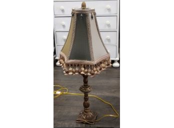 Antique Carved Wooden Lamp With Bone Centerpiece On Stand, With Impressive Lampshade