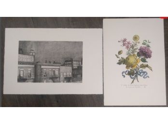 Two Prints With Individuality & Distinction- Flower Is A Reproduction Engraving & ' Voyeur III ' Lithograph