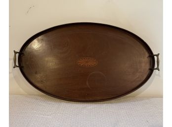 Antique Wooden Inlaid Tray With Brass Handles